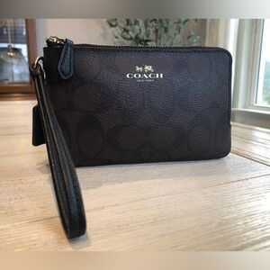 Coach Double Corner Zip Wristlet Black & Brown Leather #6649 with Mini Hangtag